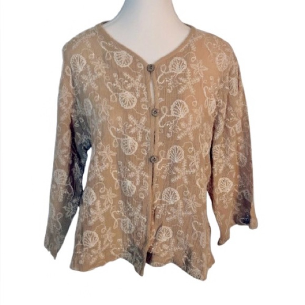 Vintage Shells!!! Mesh Embroidered Shrug Cardigan Tan Button Down Shirt Floral 2